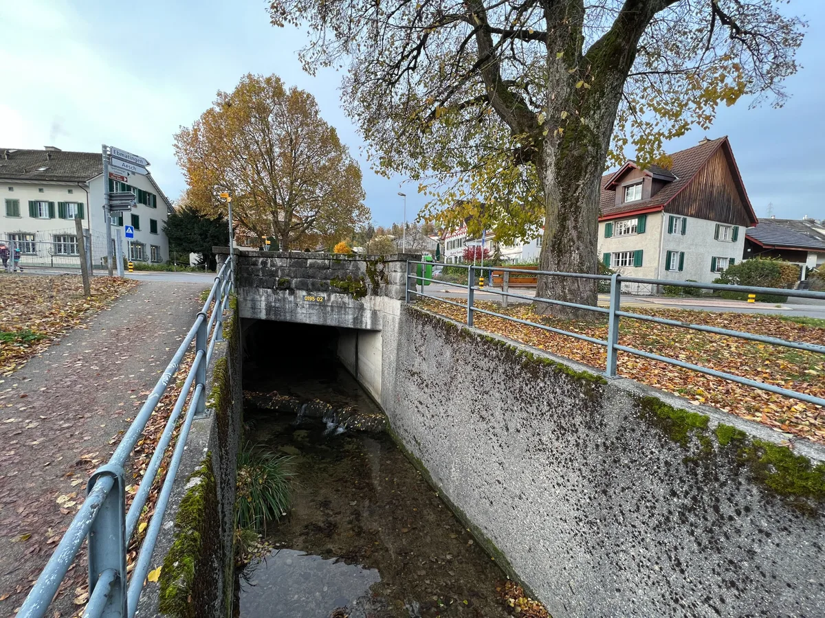 Man sieht einen Bach, der begrenzt durch Mauern unter einer Strasse durchfliesst.